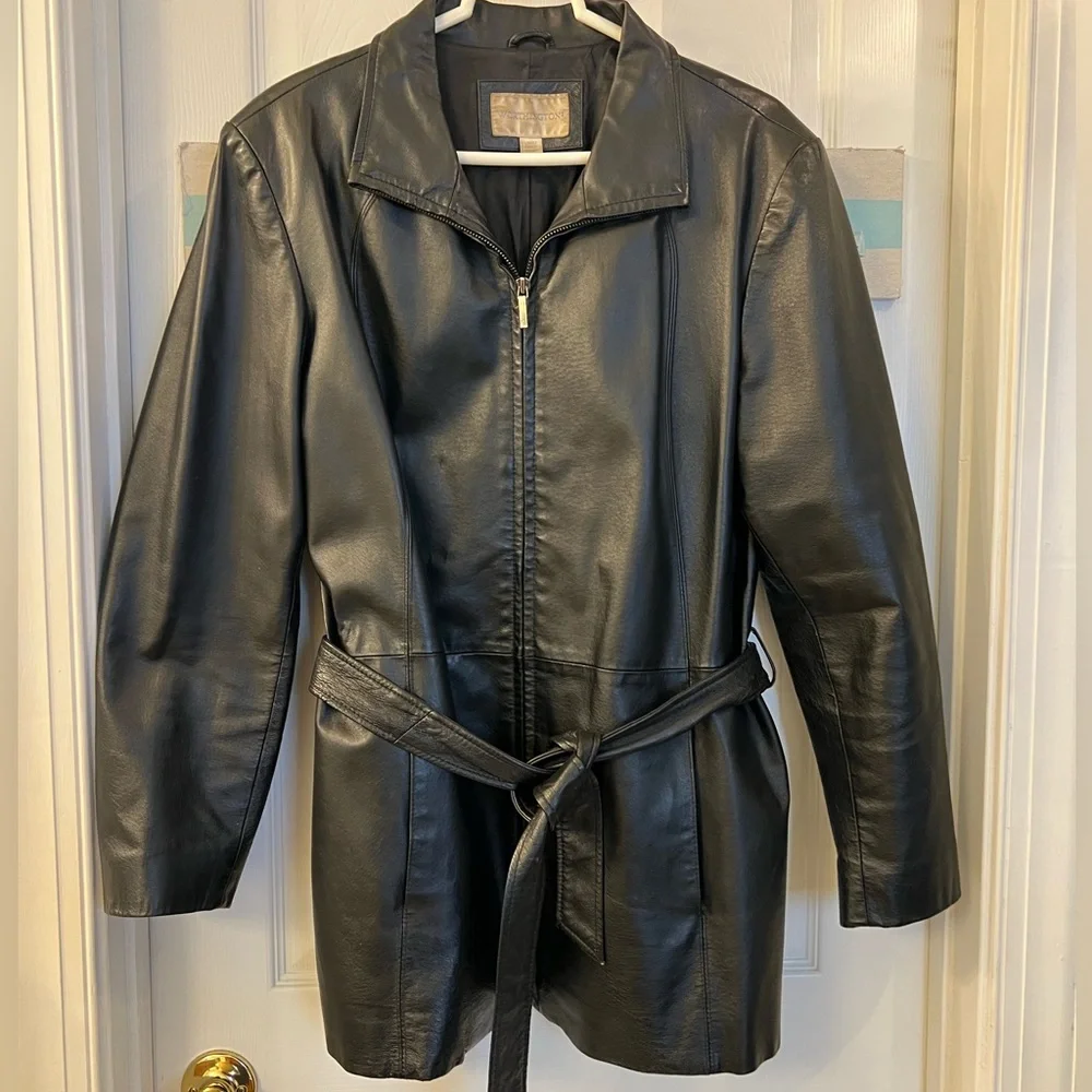Worthington Black Leather 3/4 Jacket/Coat with Tie Belt Sz L